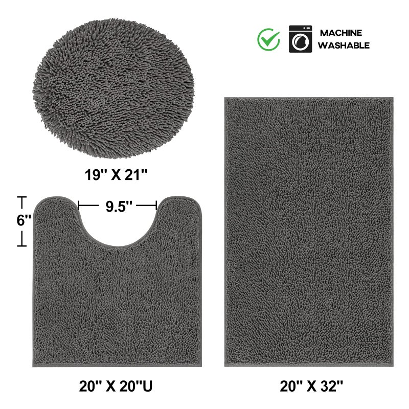 TREETONE Chenille Bath Mat 3 Piece Bathroom Rugs Set, 20x20 Inches U-Shape Contoured Toilet Mat & 20x32 Inches Rug & Lid Cover, Soft Water Absorbent Rugs for Tub Shower & Bath Room - Charcoal Gray - Image 2